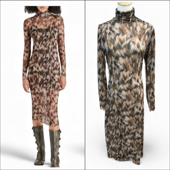 Steve Madden Dresses & Skirts - Steve Madden Vivienne Oak‎ Buff Print Mesh Midi Dress L Turtleneck Fairygrunge